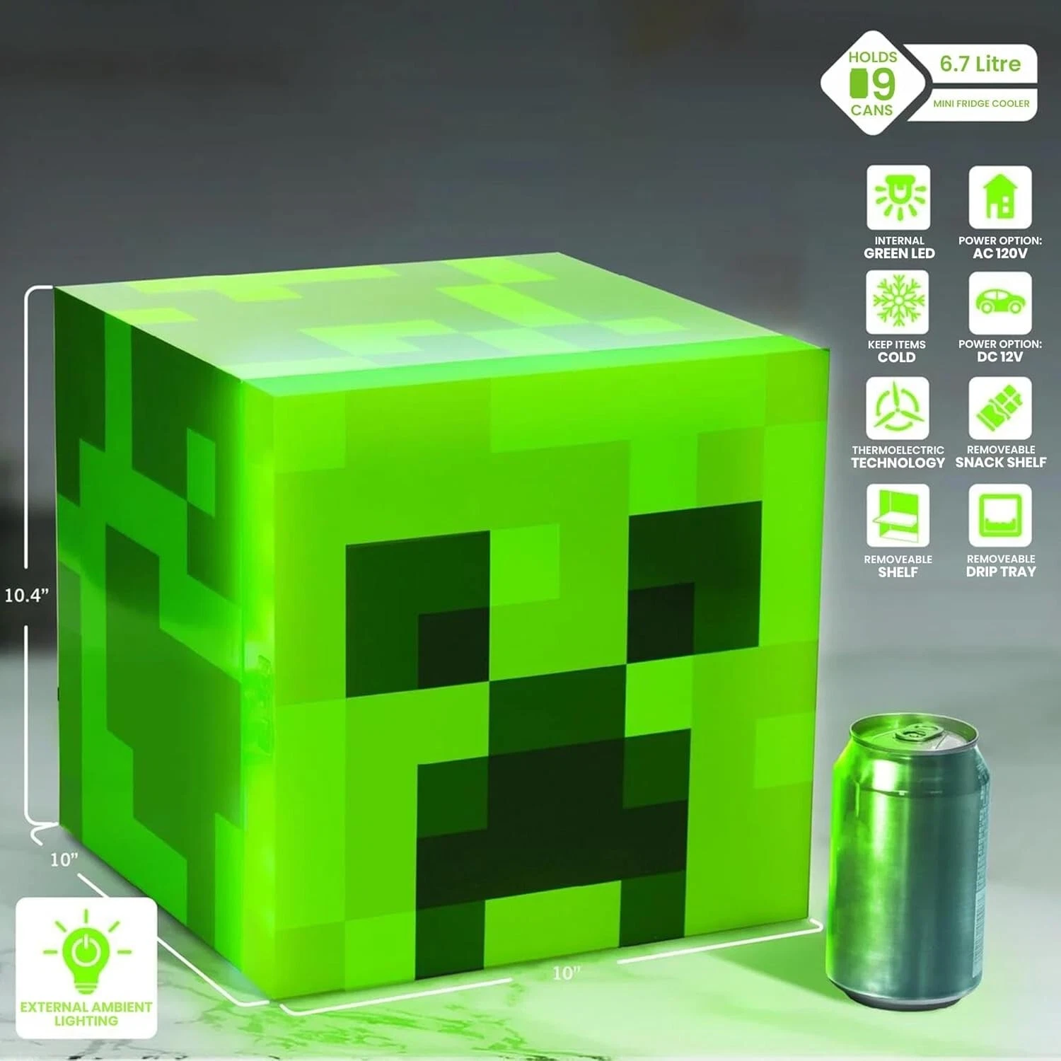 Minecraft Green Creeper Mini Fridge 6.7L 10.4 x 10